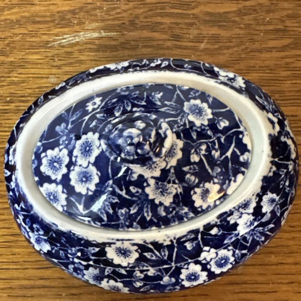 Vtg Royal Crownford Staffordshire Calico Blue Chintz Sugar Bowl & Creamer Set